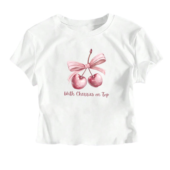 Damen Kurzarm Crop-T-Shirt mit fröhlichem Kirschmotiv und Schleifenapplikation EB