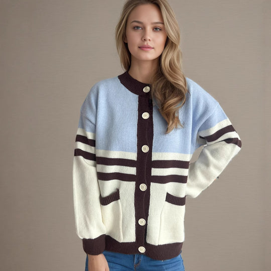 Damen Strickjacke mit modischen Streifen und praktischen Taschen EB
