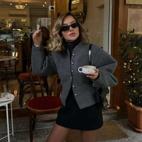 Damen zeitlose Strickjacke mit eleganten Knöpfen und voluminösen Ärmeln EB
