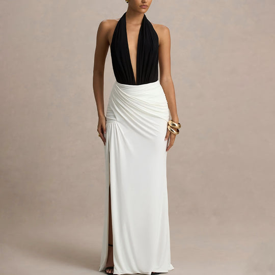 Damen Elegantes Maxikleid mit tiefem V-Ausschnitt und gerafftem Rock EB