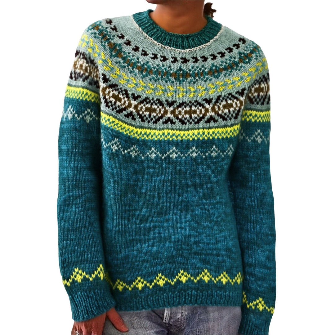 Damen nan melierter Rundhalsausschnittpullover mit kreisförmigem Jacquard-Yoke und geripptem Saum EB