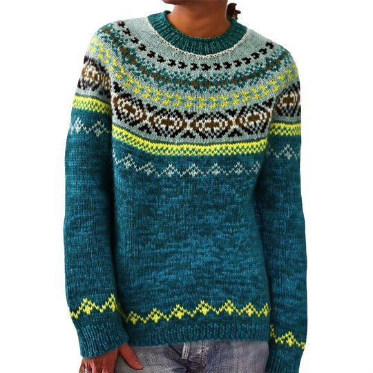 Damen nan melierter Rundhalsausschnittpullover mit kreisförmigem Jacquard-Yoke und geripptem Saum EB