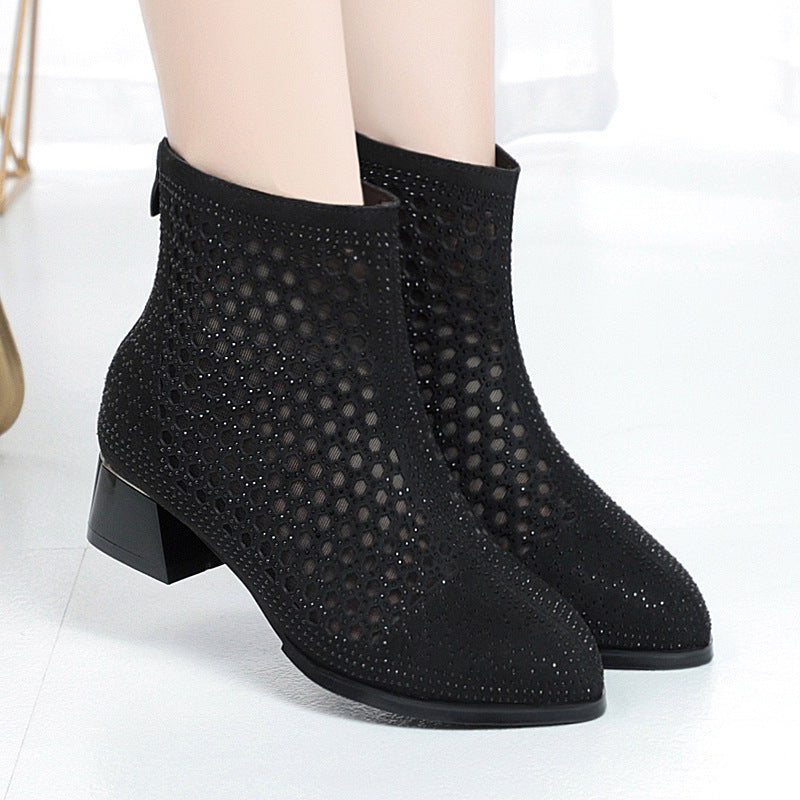 Damen Elegante Stiefeletten mit durchlässigem Netzdesign und stilvollem Blockabsatz EB