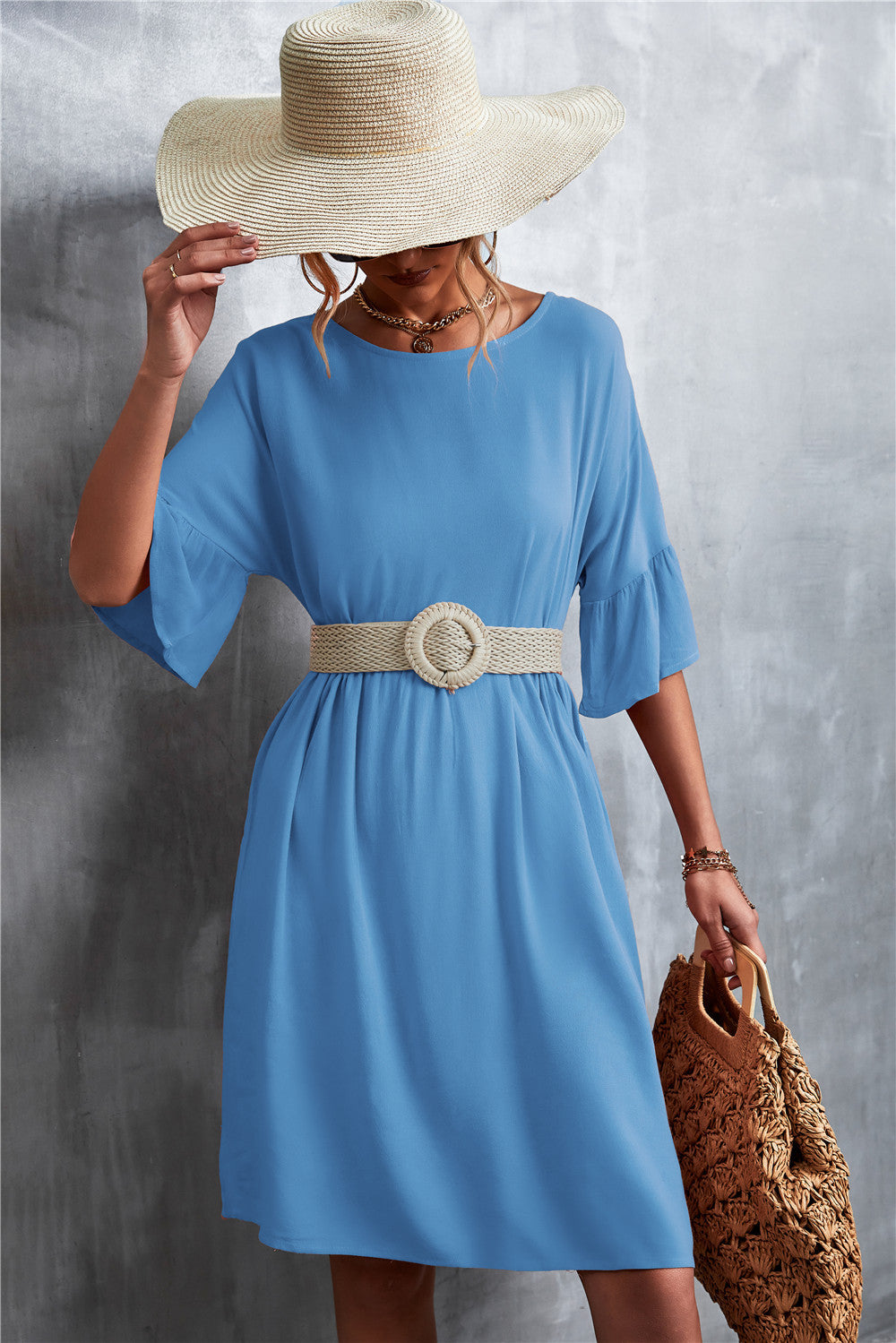 Damen Freizeitkleid mit weit ausgestellten Ärmeln und elastischem Taillenbund EB