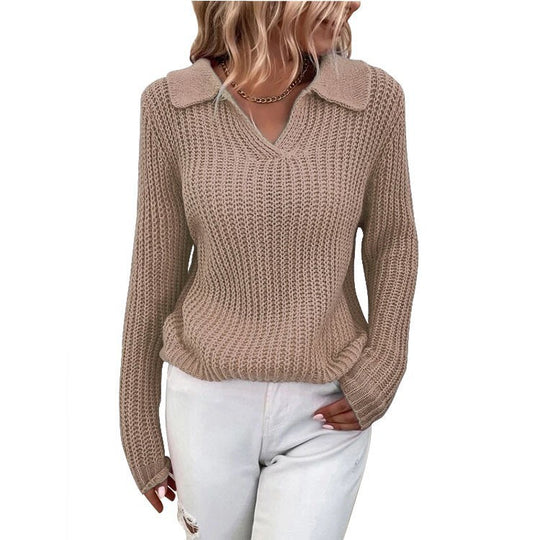 Damen V-Ausschnitt Strickpullover mit Kragen EB