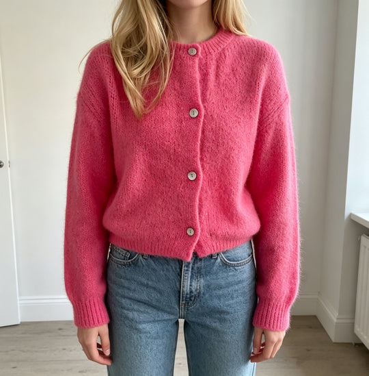 Damen Kuschelige Mohair-Optik Strickjacke mit Rundhals und Ballonärmeln EB