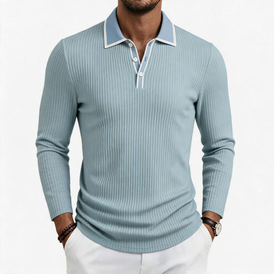 Herren nan fein geripptes Langarm-Poloshirt aus elastischer Merino-Mixqualität mit Kontrastkanten EB