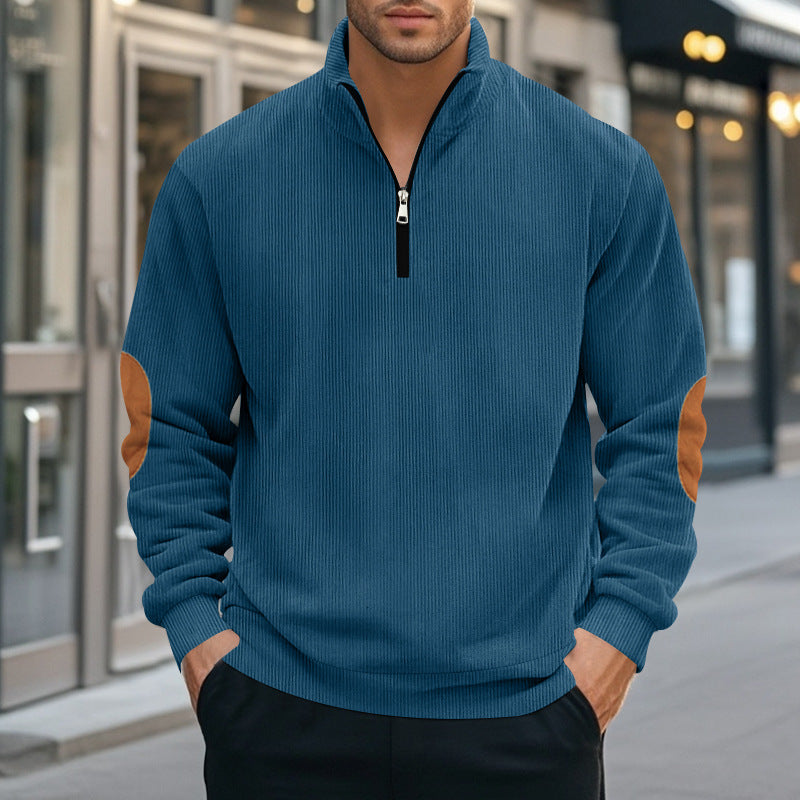 Herren nan Troyer-Halbfleecepullover mit Rippstruktur, elastischen Bündchen und Kontrast-Ellenbogenpatches EB