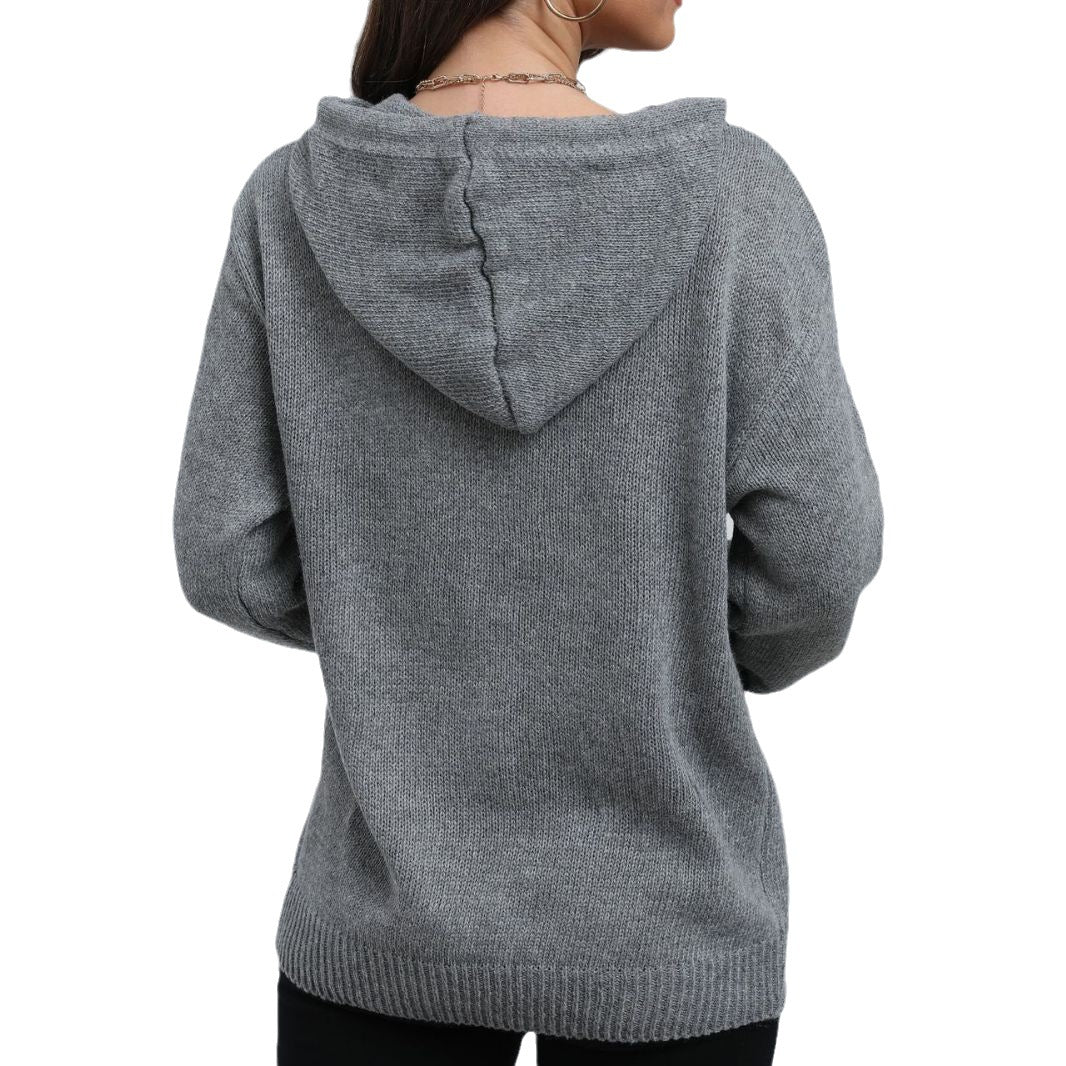 Damen modischer Strickmantel mit Kapuze und dekorativen Knopfdetails EB