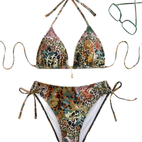 Damen Triangel-Bikini-Set mit floralem Leopardenmuster EB