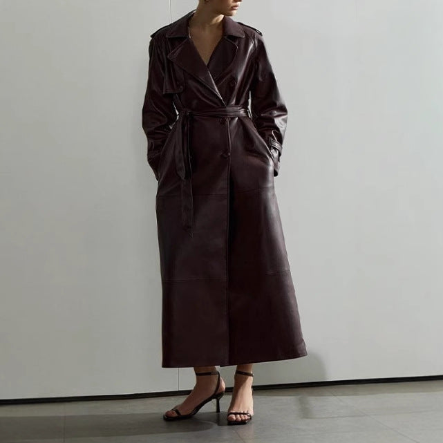 Damen eleganter Kunstleder-Trenchcoat mit taillierbarem Gürtel und praktischen Taschen EB