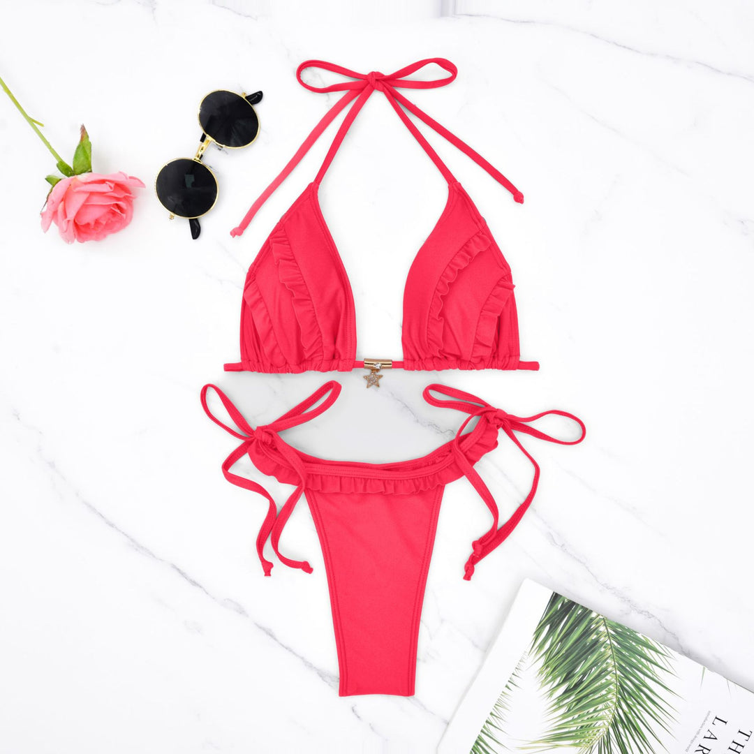 Damen Triangel-Bikini mit Rüschendetails und verstellbaren Bindebändern EB