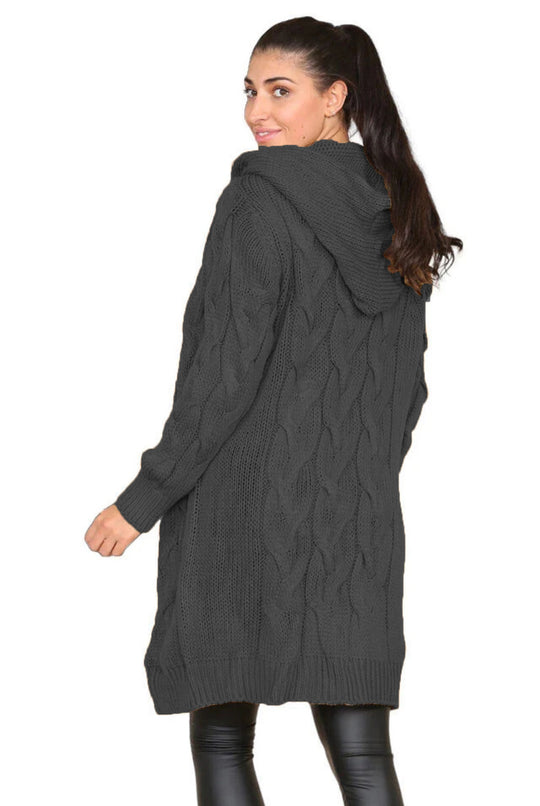 Damen Strickmantel mit Kapuze und kunstvollem Zopfmuster EB