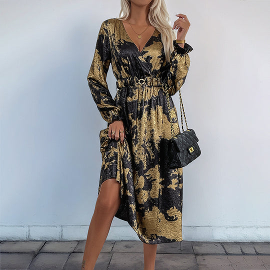 Damen Wickel-Midikleid mit Metallic-Effekt, abstraktem Print, Taillenring und hohem Beinschlitz EB