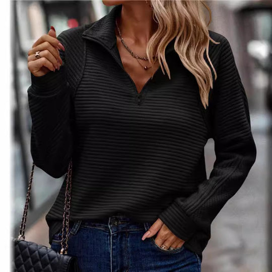 Damen Modischer Waffle-Pullover mit Stehkragen und Reißverschluss EB