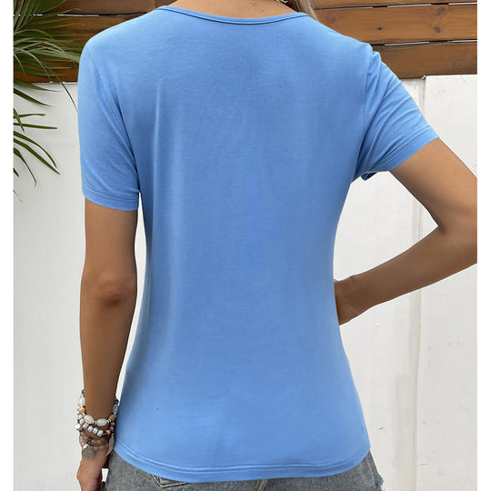 Damen V-Ausschnitt T-Shirt mit Spitzenbesatz und Holzknopfdetail EB