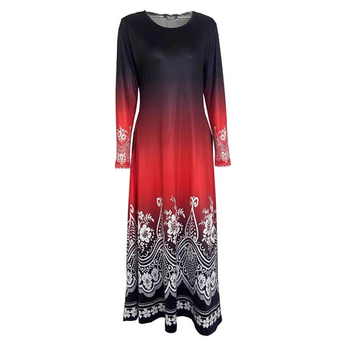 Damen Maxi-Kleid mit farbenfrohem Ombre-Design und floralen Verzierungen EB