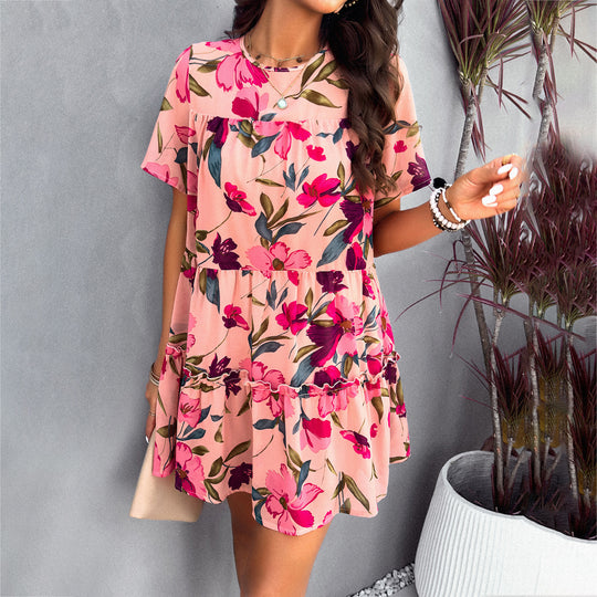 Damen Blütenmuster Freizeitkleid mit Rüschensaum und kurzen Ärmeln EB