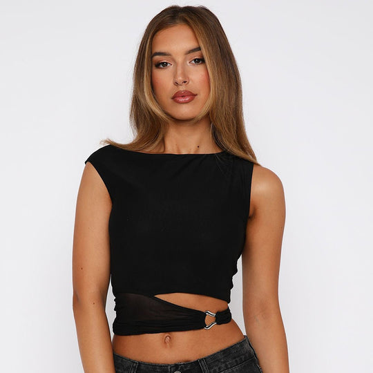 Damen Crop-Top mit schickem Wickeldesign und dekorativem Gürtel EB