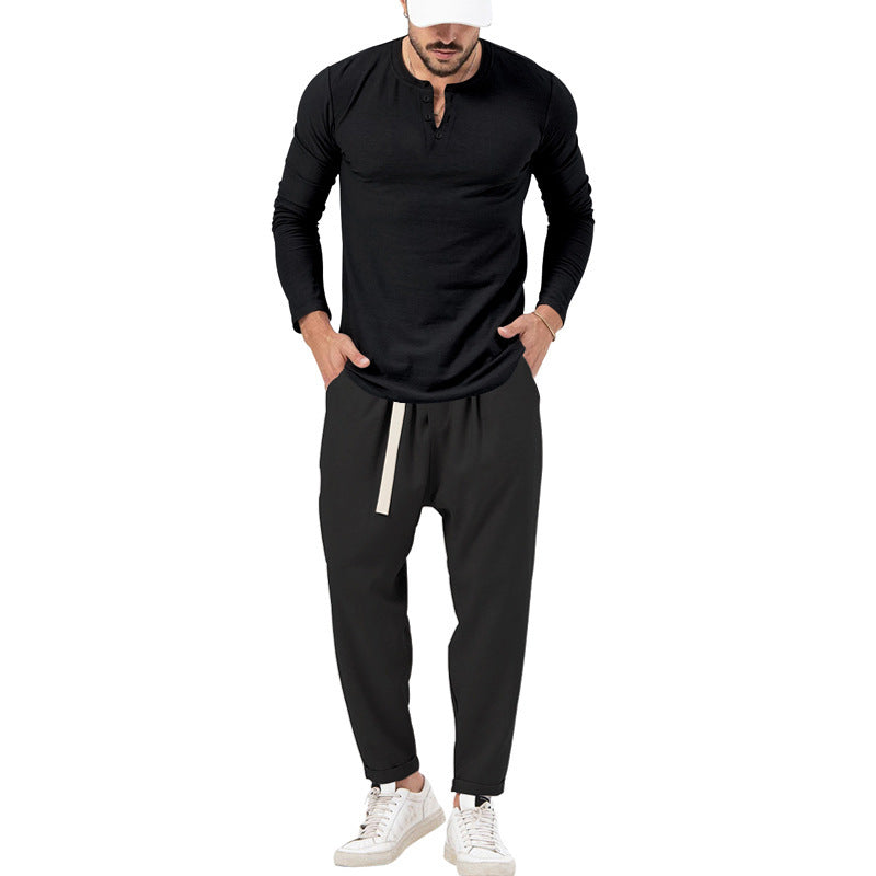 Herren lässiges Langarm-Henley-Shirt kombiniert mit eleganter Jogginghose EB