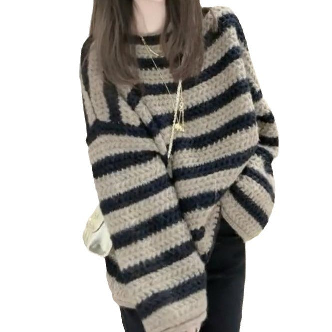 Damen Grobstrickpullover mit lässigem Streifenmuster und voluminösen Ärmeln EB