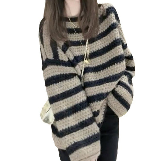 Damen Grobstrickpullover mit lässigem Streifenmuster und voluminösen Ärmeln EB