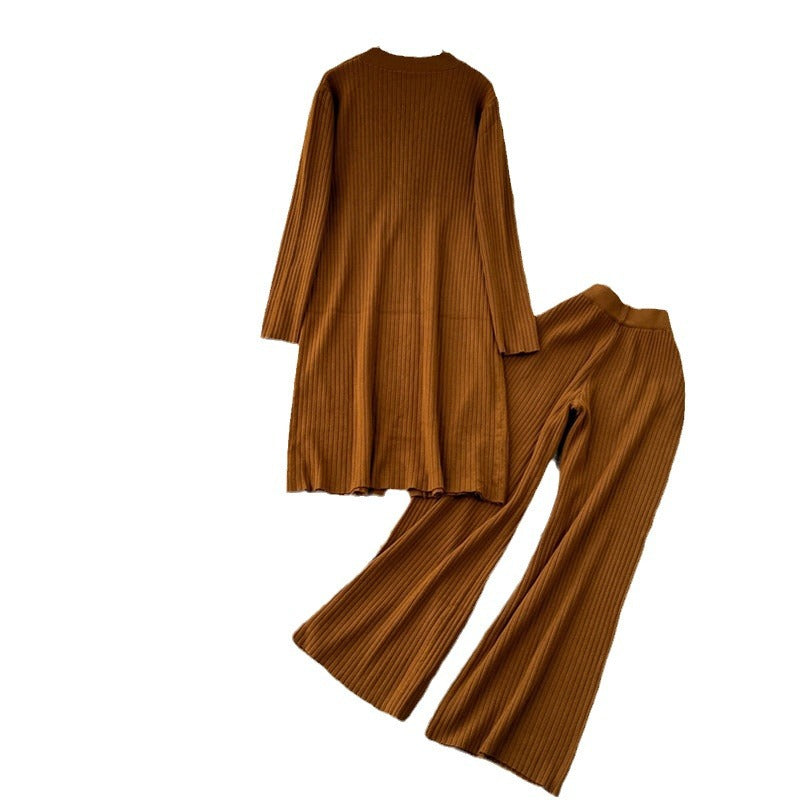 Damen elegantes Strickanzug mit V-Ausschnitt und weitem Bein EB
