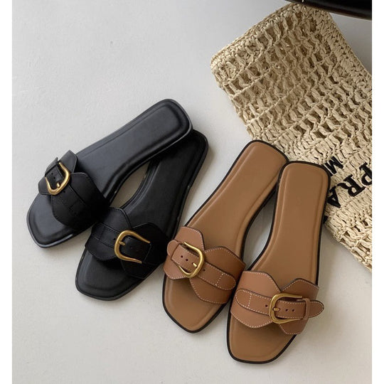 Damen modische Zehentrenner-Sandalen mit luxuriösem Schnallenakzent und bequemem Fußbett EB