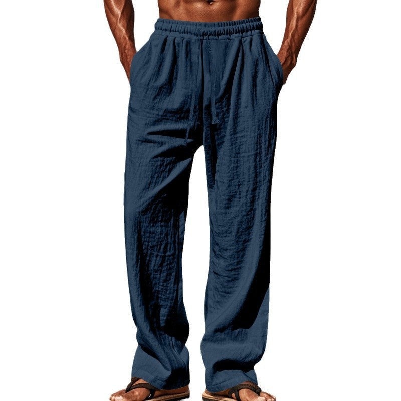 Herren nan weite Leinen-Loungehose mit elastischem Tunnelzugbund, Kordelzug und geradem Bein EB