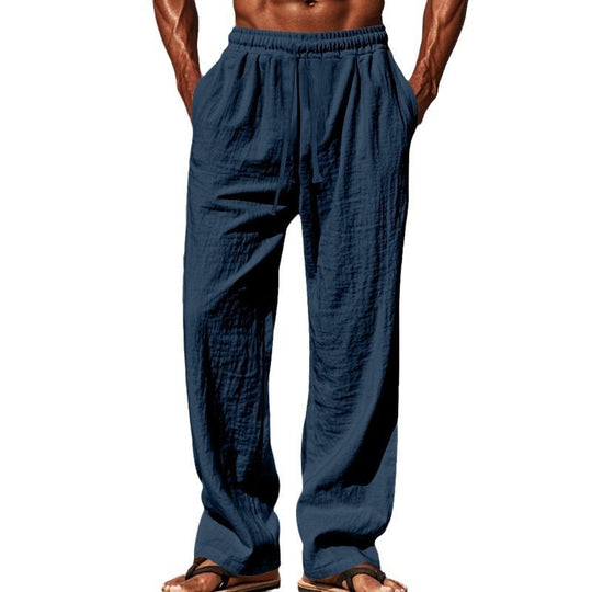 Herren nan weite Leinen-Loungehose mit elastischem Tunnelzugbund, Kordelzug und geradem Bein EB