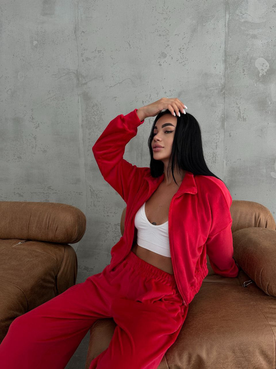 Damen Samt-Loungewear-Set mit kurzem Reißverschluss und geraffter Taillenpartie EB