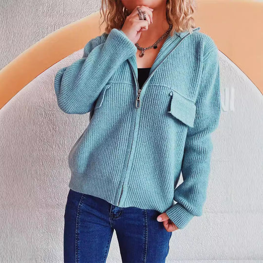 Damen lässige Strickjacke mit praktischen Taschen und hohem Kragen EB