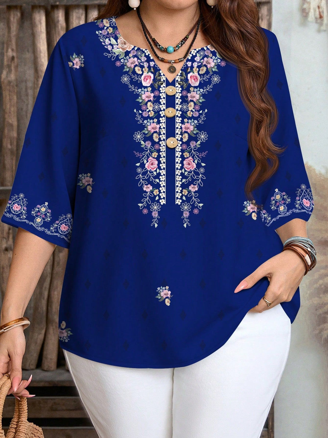 Damen Bluse mit Blumenmuster und Knopfleiste EB