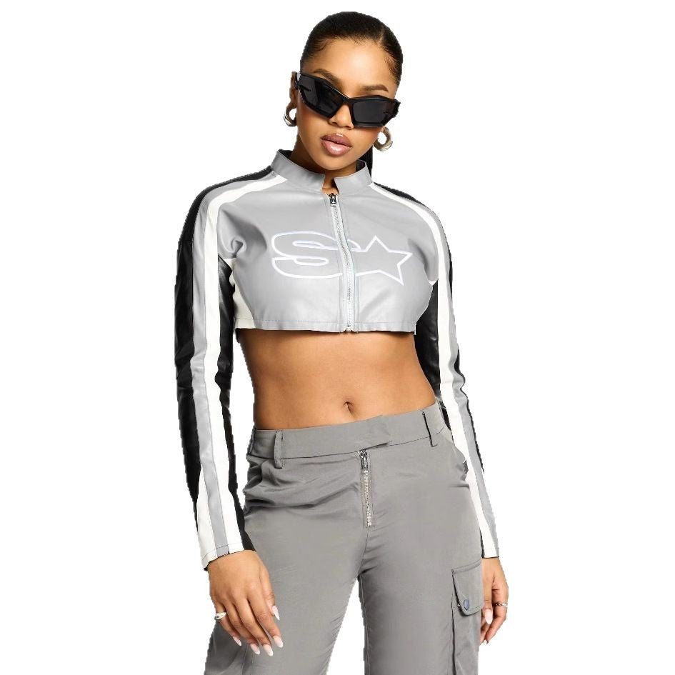 Damen cropped Sportjacke mit stylischem Reißverschluss und kontrastierenden Streifen EB