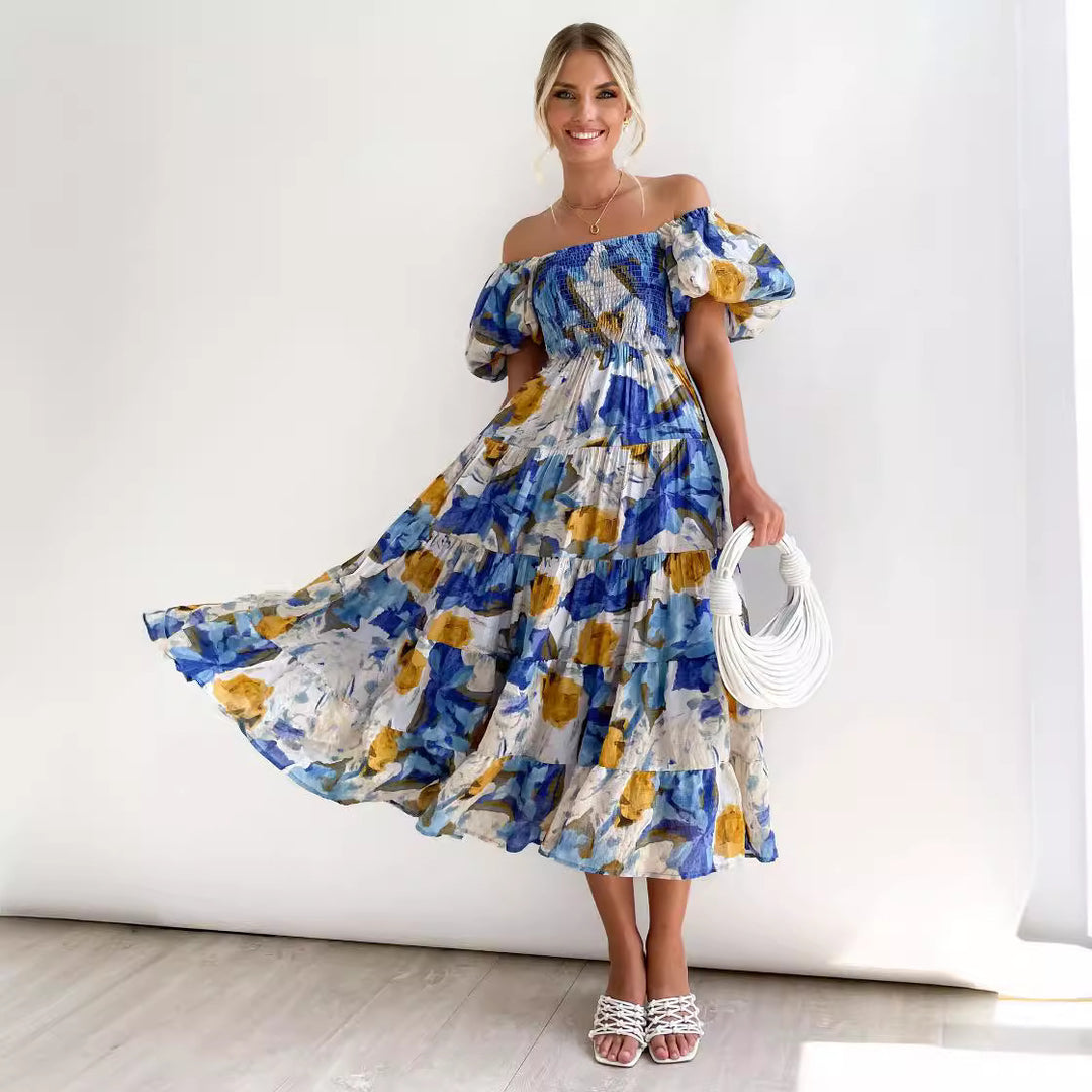 Damen Off-Shoulder Maxikleid mit voluminösen Puffärmeln EB