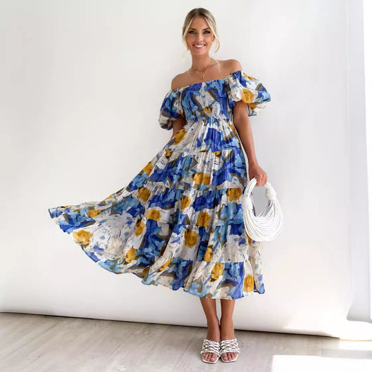 Damen Off-Shoulder Maxikleid mit voluminösen Puffärmeln EB