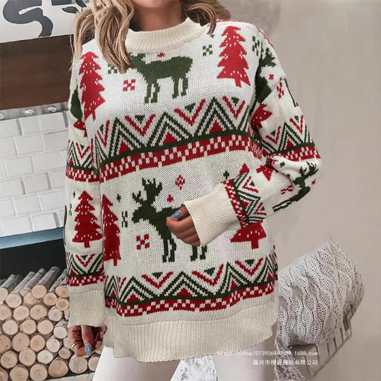 Damen Gemütlicher Weihnachts-Pullover mit festlichem Motiv und hoher Passform EB