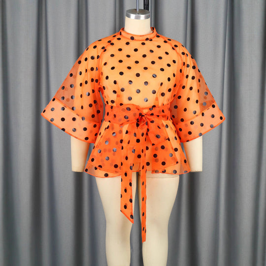 Damen Chiffonbluse mit gepunktetem Design und elegantem Taillengürtel EB