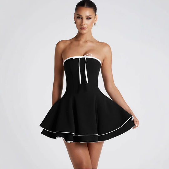 Damen Strapless Freizeitkleid mit voluminösem Schnitt und dekorativem Bindeband EB