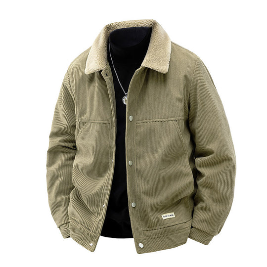 Men's  ribbed corduroy snap-front workwear jacket with sherpa-lined collar and angled hand pockets EB