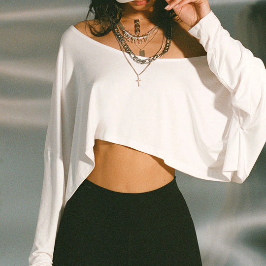 Damen Crop-Top mit dekorativem Schnitt und weiten Ärmeln EB