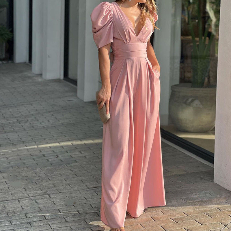 Damen Jumpsuit mit voluminösen Ärmeln und elegantem V-Ausschnitt EB