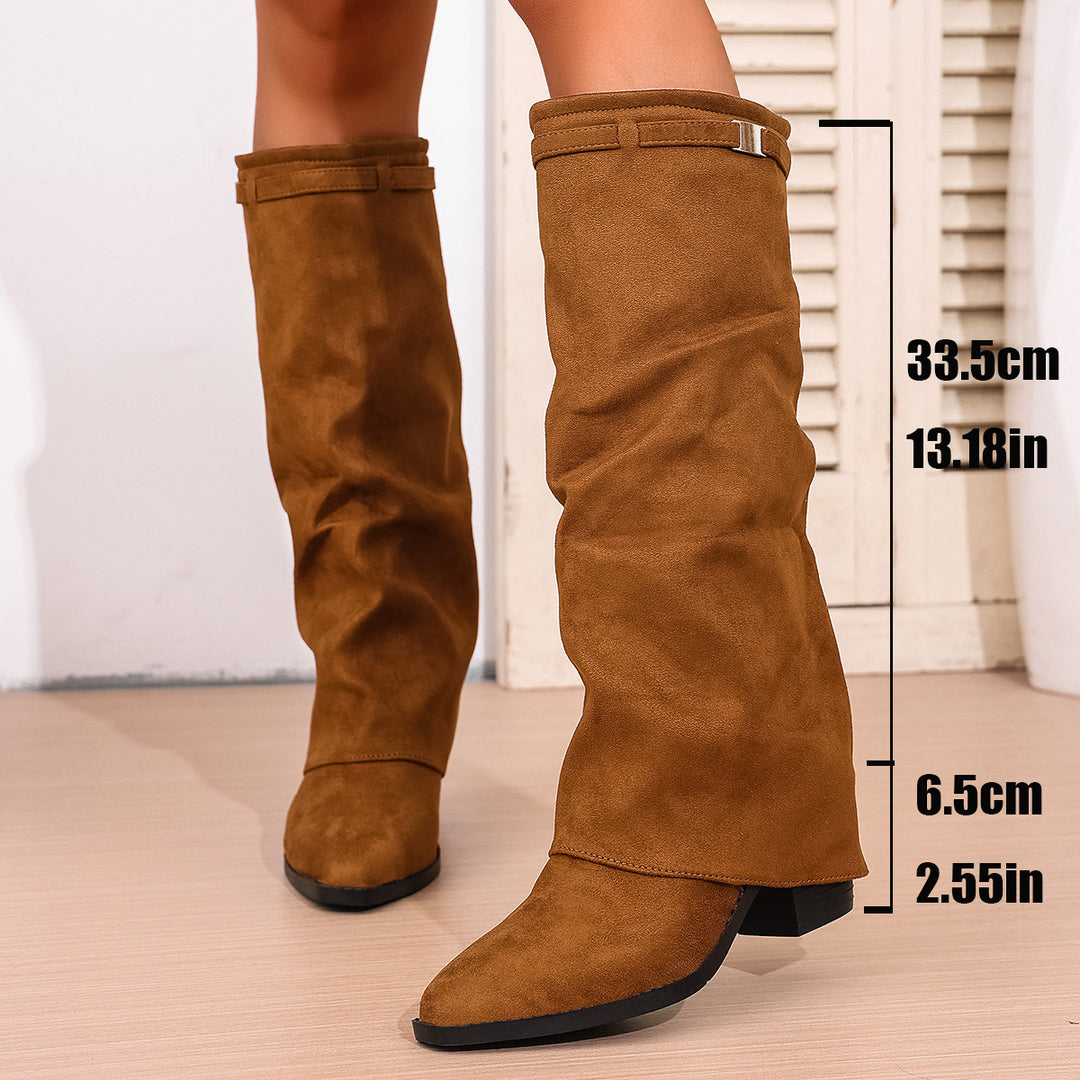 Damen nan knielange Slouch-Stiefel mit spitzer Zehenpartie und niedrigem Blockabsatz EB