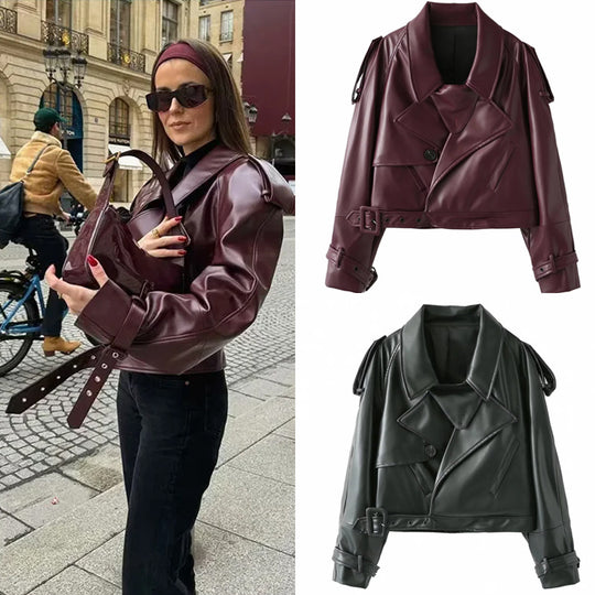Damen coole cropped Kunstlederjacke mit asymmetrischem Kragen und modischem Design EB