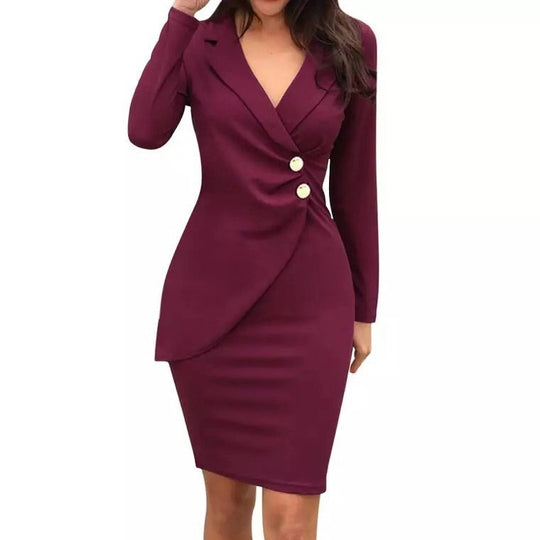 Damen elegantes Wickelkleid mit modischen Knopfdetails EB