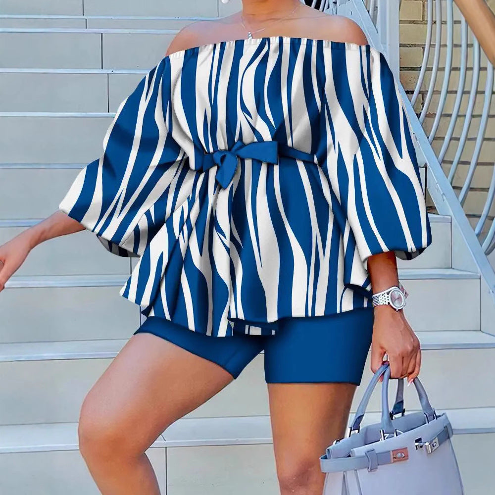 Damen Off-Shoulder Tunika mit weiten Ärmeln und elastischem Taillenband EB