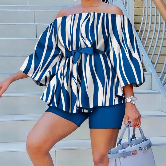 Damen Off-Shoulder Tunika mit weiten Ärmeln und elastischem Taillenband EB