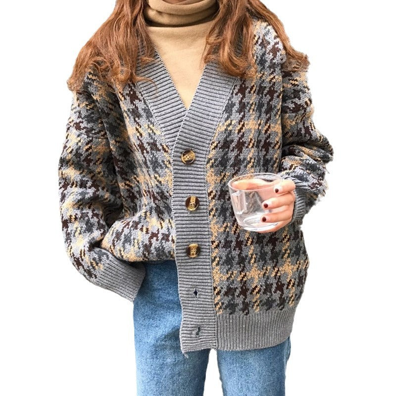 Damen Strickjacke im Hahnentritt-Design mit großen Holzknöpfen EB