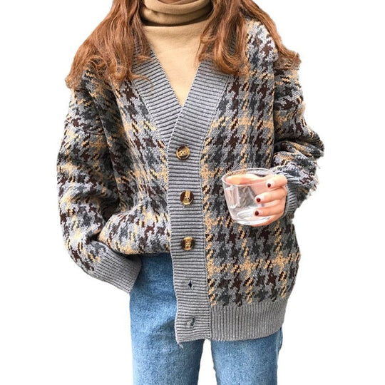 Damen Strickjacke im Hahnentritt-Design mit großen Holzknöpfen EB