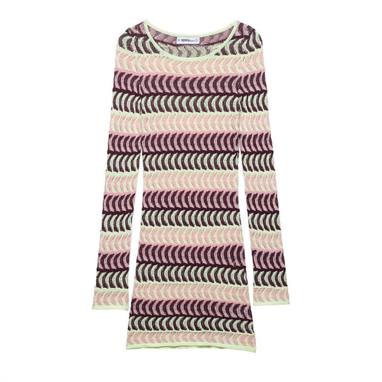 Damen nan gestricktes Feinstrick-Minikleid mit transparentem Wellenstruktur-Muster und Rundhalsausschnitt EB